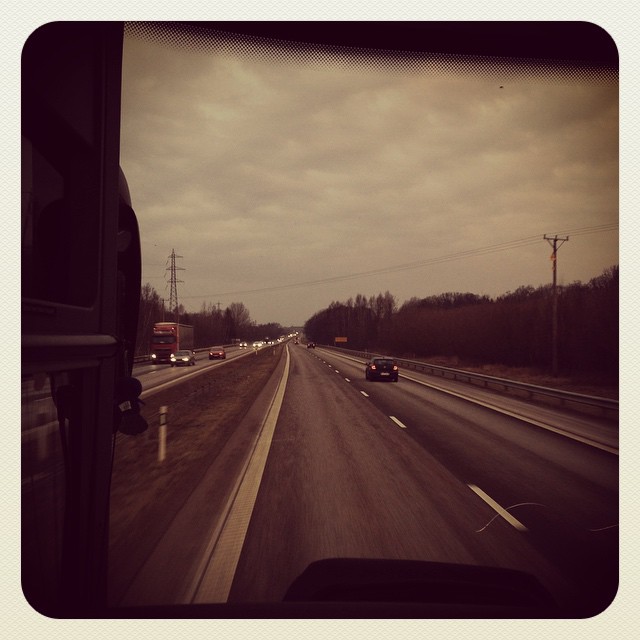On the bus. On the road.